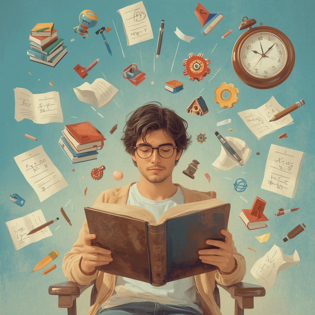 illustration of a student reading a book with floating icons like books and ai and pen and more