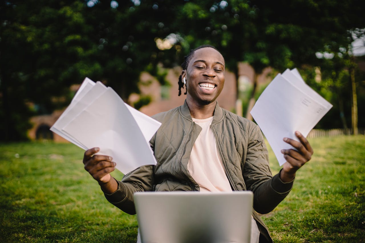Happy student showing good grades after AI use